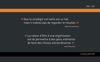 Que la stratégie soit belle est un fait,
mais n’oubliez pas de regarder le résultat.
Winston Churchill
La raison d’être d’une organisation
est de permettre à des gens ordinaires
de faire des choses extraordinaires.
Peter Drucker
209208 
 