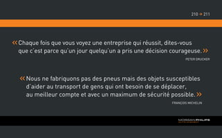 Chaque fois que vous voyez une entreprise qui réussit, dites-vous
que c’est parce qu’un jour quelqu’un a pris une décision courageuse.
Peter Drucker
Nous ne fabriquons pas des pneus mais des objets susceptibles
d’aider au transport de gens qui ont besoin de se déplacer,
au meilleur compte et avec un maximum de sécurité possible.
François Michelin
211210 
 