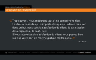 AIMER SON TRAVAIL I Construire une équipe I L’expérience I Fixer des objectifs I Le succès I Entreprendre I GOUVERNER I evoluer I LE MONDE DE L’ENTREPRISE
MORGAN PHILIPS OUTPLACEMENT  CITATIONS RH
LE MONDE DE L’ENTREPRISE
Trop souvent, nous mesurons tout et ne comprenons rien.
Les trois choses les plus importantes que vous devez mesurer
dans un business sont la satisfaction du client, la satisfaction
des employés et le cash-flow.
Si vous accroissez la satisfaction du client, vous pouvez être
sur que votre part de marché globale croîtra aussi.
Jack Welch
 