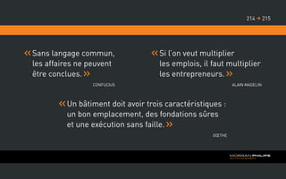 Sans langage commun,
les affaires ne peuvent
être conclues.
Confucius
Si l’on veut multiplier
les emplois, il faut multiplier
les entrepreneurs.
Alain Madelin
Un bâtiment doit avoir trois caractéristiques :
un bon emplacement, des fondations sûres
et une exécution sans faille.
Gœthe
215214 
 