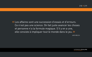 Les affaires sont une succession d’essais et d’erreurs.
Ce n’est pas une science. On fait juste avancer les choses
et personne n’a la formule magique. S’il y en a une,
elle consiste à impliquer tout le monde dans le jeu.
Jack Welch
219218 
 