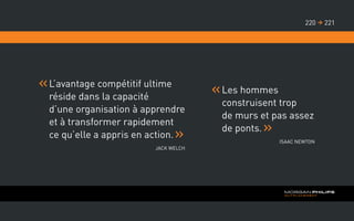 L’avantage compétitif ultime
réside dans la capacité
d’une organisation à apprendre
et à transformer rapidement
ce qu’elle a appris en action.
Jack Welch
Les hommes
construisent trop
de murs et pas assez
de ponts.
Isaac Newton
221220 
 