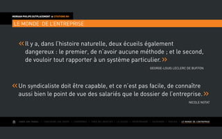 AIMER SON TRAVAIL I Construire une équipe I L’expérience I Fixer des objectifs I Le succès I Entreprendre I GOUVERNER I evoluer I LE MONDE DE L’ENTREPRISE
MORGAN PHILIPS OUTPLACEMENT  CITATIONS RH
LE MONDE DE L’ENTREPRISE
Il y a, dans l’histoire naturelle, deux écueils également
dangereux : le premier, de n’avoir aucune méthode ; et le second,
de vouloir tout rapporter à un système particulier.
George-Louis Leclerc de Buffon
Un syndicaliste doit être capable, et ce n’est pas facile, de connaître
aussi bien le point de vue des salariés que le dossier de l’entreprise.
Nicole Notat
 