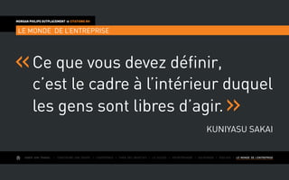 AIMER SON TRAVAIL I Construire une équipe I L’expérience I Fixer des objectifs I Le succès I Entreprendre I GOUVERNER I evoluer I LE MONDE DE L’ENTREPRISE
MORGAN PHILIPS OUTPLACEMENT  CITATIONS RH
LE MONDE DE L’ENTREPRISE
Ce que vous devez définir,
c’est le cadre à l’intérieur duquel
les gens sont libres d’agir.
Kuniyasu Sakai
 
