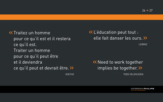 L’éducation peut tout :
elle fait danser les ours.
Leibniz
Need to work together
implies be together.
Todd Veldhuizen
Traitez un homme
pour ce qu’il est et il restera
ce qu’il est.
Traiter un homme
pour ce qu’il peut être
et il deviendra
ce qu’il peut et devrait être.
Goethe
2726 
 