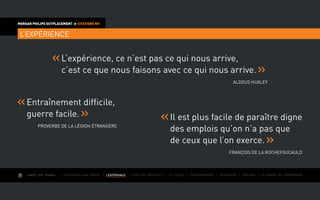 AIMER SON TRAVAIL I Construire une équipe I L’EXPÉRIENCE I Fixer des objectifs I Le succès I Entreprendre I Gouverner I ÉVOLUER I Le monde de l’entreprise
MORGAN PHILIPS OUTPLACEMENT  CITATIONS RH
L’EXPÉRIENCE
L’expérience, ce n’est pas ce qui nous arrive,
c’est ce que nous faisons avec ce qui nous arrive.
Aldous Huxley
Entraînement difficile,
guerre facile.
Proverbe de la légion étrangère
Il est plus facile de paraître digne
des emplois qu’on n’a pas que
de ceux que l’on exerce.
François de La Rochefoucauld
 