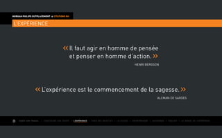 AIMER SON TRAVAIL I Construire une équipe I L’EXPÉRIENCE I Fixer des objectifs I Le succès I Entreprendre I Gouverner I ÉVOLUER I Le monde de l’entreprise
MORGAN PHILIPS OUTPLACEMENT  CITATIONS RH
L’EXPÉRIENCE
	Il faut agir en homme de pensée
et penser en homme d’action.
Henri Bergson
	L’expérience est le commencement de la sagesse.
Alcman de Sardes
 