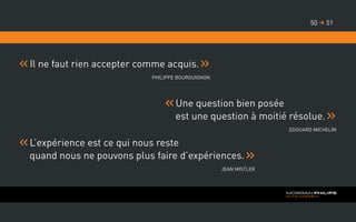 Il ne faut rien accepter comme acquis.
Philippe Bourguignon
	Une question bien posée
est une question à moitié résolue.
Edouard Michelin
	L’expérience est ce qui nous reste
quand nous ne pouvons plus faire d’expériences.
Jean Mistler
5150 
 