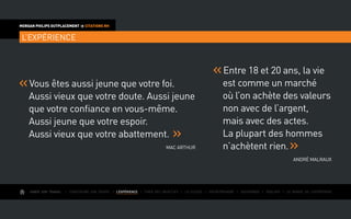 AIMER SON TRAVAIL I Construire une équipe I L’EXPÉRIENCE I Fixer des objectifs I Le succès I Entreprendre I Gouverner I ÉVOLUER I Le monde de l’entreprise
MORGAN PHILIPS OUTPLACEMENT  CITATIONS RH
L’EXPÉRIENCE
	Vous êtes aussi jeune que votre foi.
Aussi vieux que votre doute. Aussi jeune
que votre confiance en vous-même.
Aussi jeune que votre espoir.
Aussi vieux que votre abattement.
Mac Arthur
	Entre 18 et 20 ans, la vie
est comme un marché
où l’on achète des valeurs
non avec de l’argent,
mais avec des actes.
La plupart des hommes
n’achètent rien.
André Malraux
 