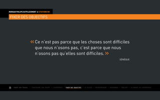 AIMER SON TRAVAIL I Construire une équipe I L’expérience I FIXER DES OBJECTIFS I Le succès I Entreprendre I Gouverner I ÉVOLUER I Le monde de l’entreprise
MORGAN PHILIPS OUTPLACEMENT  CITATIONS RH
FIXER DES OBJECTIFS
Ce n’est pas parce que les choses sont difficiles
que nous n’osons pas, c’est parce que nous
n’osons pas qu’elles sont difficiles.
Sénèque
 