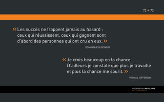 Les succès ne frappent jamais au hasard :
ceux qui réussissent, ceux qui gagnent sont
d’abord des personnes qui ont cru en eux.
Dominique Glocheux
	Je crois beaucoup en la chance.
D’ailleurs je constate que plus je travaille
et plus la chance me sourit.
Thomas Jefferson
7372 
 