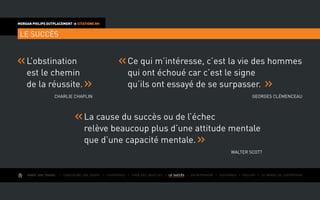 AIMER SON TRAVAIL I Construire une équipe I L’expérience I Fixer des objectifs I LE SUCCÈS I Entreprendre I Gouverner I ÉVOLUER I Le monde de l’entreprise
MORGAN PHILIPS OUTPLACEMENT  CITATIONS RH
LE SUCCÈS
L’obstination
est le chemin
de la réussite.
Charlie Chaplin
Ce qui m’intéresse, c’est la vie des hommes
qui ont échoué car c’est le signe
qu’ils ont essayé de se surpasser.
Georges Clémenceau
La cause du succès ou de l’échec
relève beaucoup plus d’une attitude mentale
que d’une capacité mentale.
Walter Scott
 