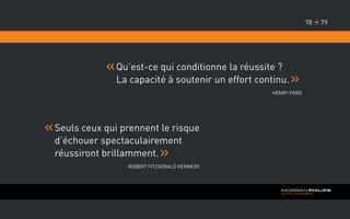 Qu’est-ce qui conditionne la réussite ?
La capacité à soutenir un effort continu.
Henry Ford
Seuls ceux qui prennent le risque
d’échouer spectaculairement
réussiront brillamment.
Robert Fitzgerald Kennedy
7978 
 