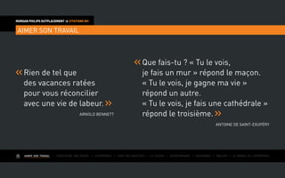 AIMER SON TRAVAIL I Construire une équipe I L’expérience I Fixer des objectifs I Le succès I Entreprendre I Gouverner I ÉVOLUER I Le monde de l’entreprise
MORGAN PHILIPS OUTPLACEMENT  CITATIONS RH
AIMER SON TRAVAIL
Rien de tel que
des vacances ratées
pour vous réconcilier
avec une vie de labeur.
Arnold Bennett
Que fais-tu ? « Tu le vois,
je fais un mur » répond le maçon.
« Tu le vois, je gagne ma vie »
répond un autre.
« Tu le vois, je fais une cathédrale »
répond le troisième.
Antoine de Saint-Exupéry
 
