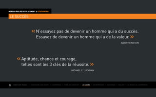AIMER SON TRAVAIL I Construire une équipe I L’expérience I Fixer des objectifs I LE SUCCÈS I Entreprendre I Gouverner I ÉVOLUER I Le monde de l’entreprise
MORGAN PHILIPS OUTPLACEMENT  CITATIONS RH
LE SUCCÈS
N’essayez pas de devenir un homme qui a du succès.
Essayez de devenir un homme qui a de la valeur.
Albert Einstein
Aptitude, chance et courage,
telles sont les 3 clés de la réussite.
Michael C. Luckman
 