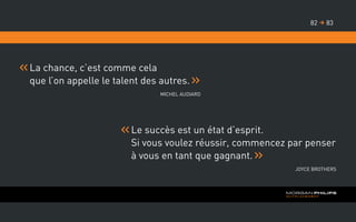 La chance, c’est comme cela
que l’on appelle le talent des autres.
Michel Audiard
Le succès est un état d’esprit.
Si vous voulez réussir, commencez par penser
à vous en tant que gagnant.
Joyce Brothers
8382 
 