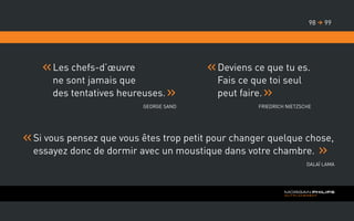 Les chefs-d’œuvre
ne sont jamais que
des tentatives heureuses.
George Sand
	Deviens ce que tu es.
Fais ce que toi seul
peut faire.
Friedrich Nietzsche
	Si vous pensez que vous êtes trop petit pour changer quelque chose,
essayez donc de dormir avec un moustique dans votre chambre.
Dalaï Lama
9998 
 