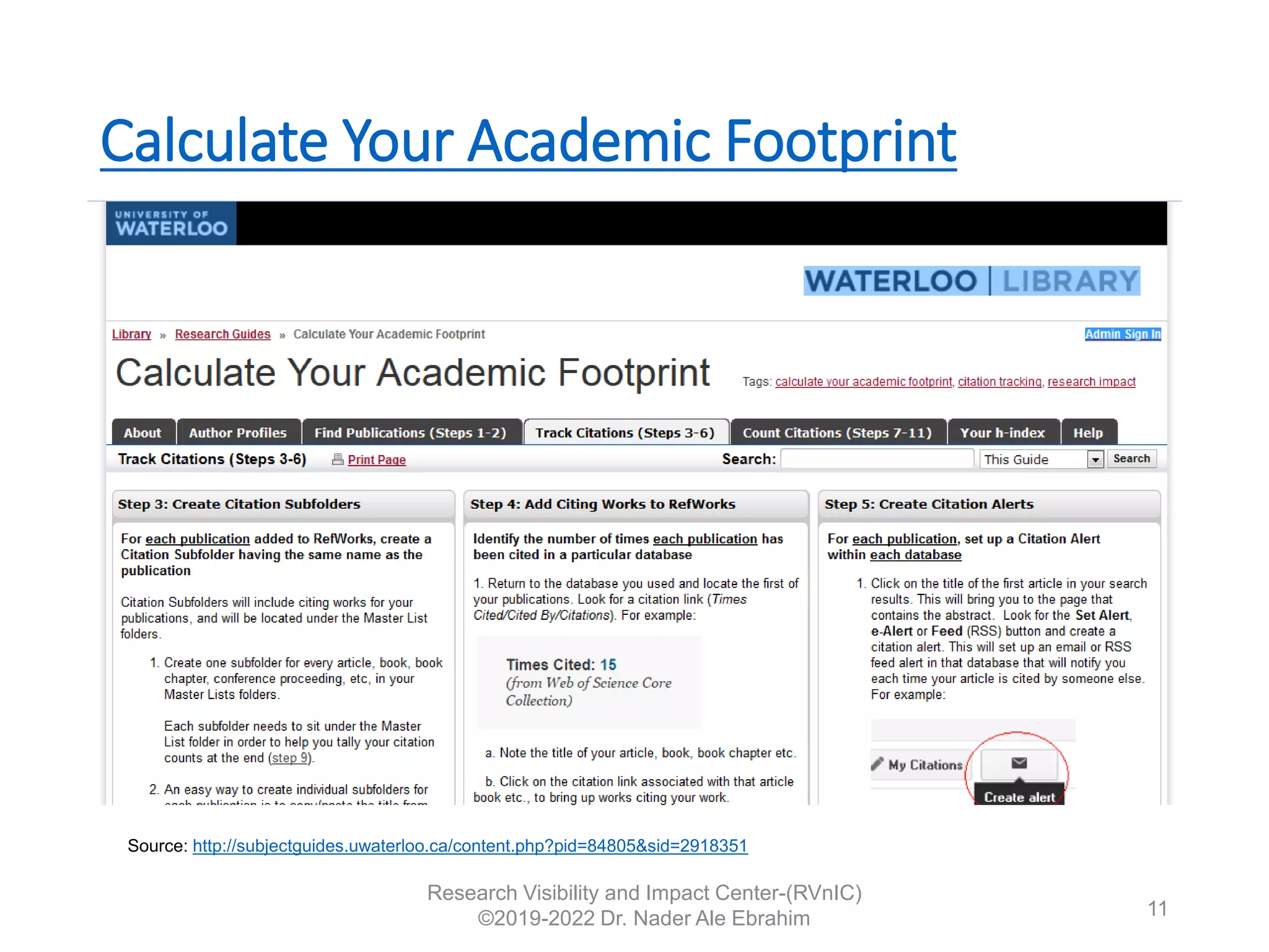 Calculate Your Academic Footprint
Research Visibility and Impact Center-(RVnIC)
©2019-2022 Dr. Nader Ale Ebrahim 11
Source: http://subjectguides.uwaterloo.ca/content.php?pid=84805&sid=2918351
 