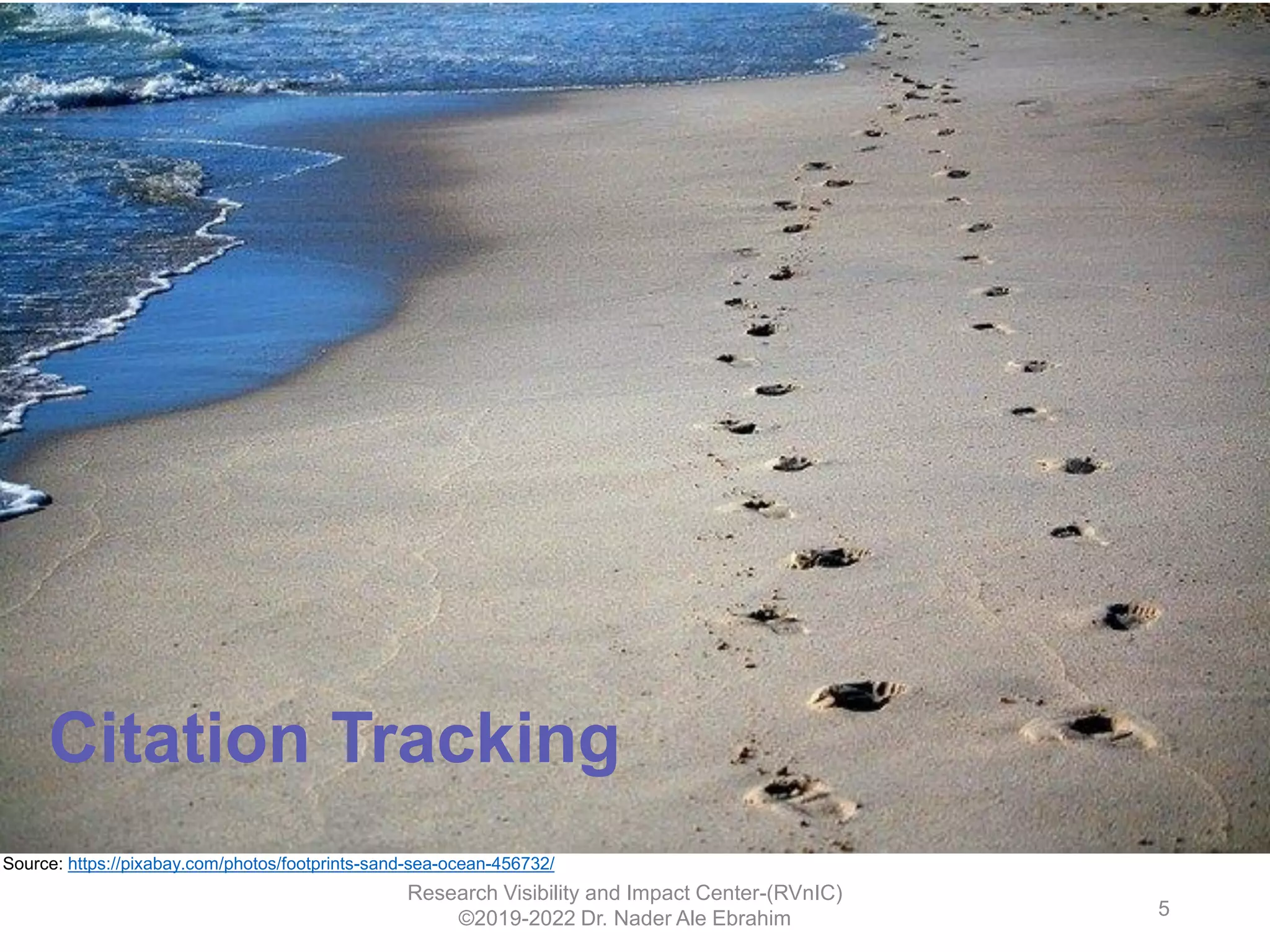 Research Visibility and Impact Center-(RVnIC)
©2019-2022 Dr. Nader Ale Ebrahim 5
Source: https://pixabay.com/photos/footprints-sand-sea-ocean-456732/
Citation Tracking
 