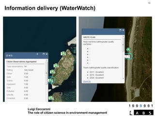 Luigi Ceccaroni
The role of citizen science in environment management
Information delivery (WaterWatch)
12
 