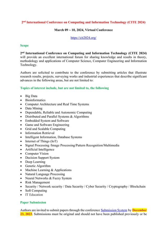 2nd International Conference on Computing and Information Technology (CITE 2024) PDF