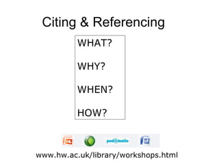 Citing & Referencing
          WHAT?

          WHY?

          WHEN?

          HOW?



www.hw.ac.uk/library/workshops.html
 