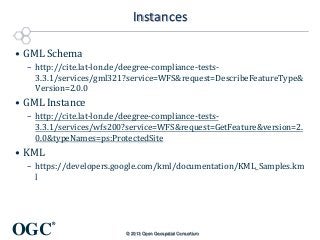 Instances
• GML Schema
– http://cite.lat-lon.de/deegree-compliance-tests3.3.1/services/gml321?service=WFS&request=DescribeFeatureType&
Version=2.0.0

• GML Instance
– http://cite.lat-lon.de/deegree-compliance-tests3.3.1/services/wfs200?service=WFS&request=GetFeature&version=2.
0.0&typeNames=ps:ProtectedSite

• KML
– https://developers.google.com/kml/documentation/KML_Samples.km
l

OGC

®
© 2013 Open Geospatial Consortium

 