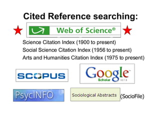 Cited Reference searching:   Science Citation Index (1900 to present) Social Science Citation Index (1956 to present) Arts and Humanities Citation Index (1975 to present) (SocioFile) 
