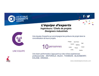 Une équipe d’experts qui accompagne les porteurs de projet dans la
concrétisation de leurs projets.
Une team performante s’appuyant sur des riches expériences
professionnelle ; MOTOROLA, VALEO , THOMSON , BLACKBERRY,
EOLANE, ORANGE...
www.citedelobjetconnecte.com
UNE EQUIPE
10personnes
Philippe
Laurent
Pascal
Matthieu
Hubert
Gaël
Chrifa
Jean-Pierre
Sandra
Emilie
L’équipe d’experts
Ingénieurs / Chefs de projets
Designers industriels
 
