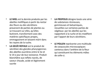 • LE MIEL est la denrée produite par les
abeilles mellifiques à partir du nectar
des fleurs ou des sécrétions
provenent de parties de plantes ou
se trouvant sur elles, qu’elles
butinent, transforment avec des
matières spécifiques propes,
emmagasinent et laissent mûrir dans
les rayons de la ruche.
• LA GELÉE ROYALE est le produit de
sécrétion des glandes pharyngiennes
des abeilles ouvrières entre le 5e et
le 14 e jour de leur existance. Produit
blanchâtre aux reflets nacrés, de
saveur chaude, acide et légèrement
sucrée
• LA PROPOLIS désigne toute une série
de substances résineuses,
gommeuses et balsamiques,
recueillies sur certaines parties de
végétaux par les abeilles qui les
rapportent à la ruche et les modifient
par l’apport de leurs sécrétions.
• LE POLLEN représente une multitude
de corpuscules microscopiques
contenus dans l’anthère de la fleur
qui constituent les éléments mâles
de celle-ci.
 