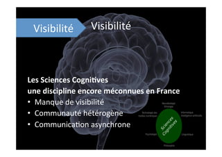  
	
  
	
  
Les	
  Sciences	
  Cogni8ves	
  
une	
  discipline	
  encore	
  méconnues	
  en	
  France	
  
•  Manque	
  de	
  visibilité	
  
•  Communauté	
  hétérogène	
  
•  Communica;on	
  asynchrone	
  
Visibilité	
  Visibilité	
  
 