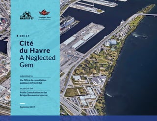 submitted to
the Ofﬁce de consultation
publique de Montréal
as part of the
Public Consultation on the
Bridge-Bonaventure sector
Cité
du Havre
A Neglected
Gem
B R I E F
September 2019
 