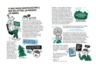 “Green God”**
. C’est le surnom que vous
avez donné à votre collègue d’open space,
le genre qui vous colle des complexes parce
qu’il fait tout bien et qu’il a toujours une
pensée pour la planète. Il y en a qui comptent
les calories, lui il compte les arbres : ceux qu’il
sauve en envoyant des mails avec la mention
“N’imprimez ce message que sous la menace.
La forêt amazonienne vous remercie”.
Il lit des livres numériques, envoie
des e-cartes de vœux et jamais il ne fait
de photocopies. Il a la tête dans le Cloud
et le smartphone est sa patrie.
Pendant ce temps-là,
vous, vous faites
attention mais vous
l’avouez, il vous arrive
de consommer du
papier. Et vous avez
vite fait de culpabiliser.
Comme en toute
chose, modération
s’impose�: ce qu’on va
vous révéler va vous
couper l’herbe sous le
pied. Vous êtes prêt�?
*
Mais alors, que faut-il privilégier
pour la planète�? Il n’y a pas une
seule réponse, il faut surtout se
concentrer sur l’usage que vous
en faites.
Vous voilà, avouez-le, plutôt
rassuré. Et par la star de l’open
space, un peu moins
impressionné...
* Sauvez le monde
** Dieu Vert
*** 2 écolabels reconnus au niveau européen
Explication�: le bois utilisé pour fabriquer
le papier vient principalement des chutes
de production de scieries (le bois utilisé
pour la construction ou l’ameublement) ou
de l’entretien nécessaire à la bonne gestion
des forêts. En France et en Europe, le bois
provient de forêts gérées durablement, qui
peuvent être labellisées PEFC ou FSC®***
. Et en
plus, grâce à vos talents de trieur/trieuse, on
peut donner une nouvelle vie à tous les papiers !
Oui, jusqu’à 5 fois�: qui sait, la page que vous
êtes en train de lire provient peut-être du
roman que vous avez dévoré cet été...
Vous savez maintenant que le papier est un matériau
renouvelable mais vous doutez quand même.
Le raisonnement est logique, mais la question plus
compliquée. Le tout numérique n’est pas neutre pour
l'environnement�: le Cloud par exemple, gigantesque
nuage de données qu’on utilise à la maison et au bureau,
se place à la 6ème
position de la demande annuelle
en électricité dans le monde. Et il faut aussi prendre
en compte la durée de vie de tous nos appareils
électroniques et leur élimination en tant que déchets.
 