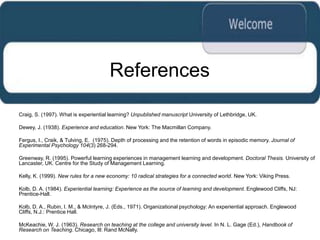 References

Craig, S. (1997). What is experiential learning? Unpublished manuscript University of Lethbridge, UK.

Dewey, J. (1938). Experience and education. New York: The Macmillan Company.

Fergus, I., Craik, & Tulving, E. (1975). Depth of processing and the retention of words in episodic memory. Journal of
Experimental Psychology 104(3) 268-294.

Greenway, R. (1995). Powerful learning experiences in management learning and development. Doctoral Thesis. University of
Lancaster, UK. Centre for the Study of Management Learning.

Kelly, K. (1999). New rules for a new economy: 10 radical strategies for a connected world. New York: Viking Press.

Kolb, D. A. (1984). Experiential learning: Experience as the source of learning and development. Englewood Cliffs, NJ:
Prentice-Hall.

Kolb, D. A., Rubin, I. M., & McIntyre, J. (Eds., 1971). Organizational psychology: An experiential approach. Englewood
Cliffs, N.J.: Prentice Hall.

McKeachie, W. J. (1963). Research on teaching at the college and university level. In N. L. Gage (Ed.), Handbook of
Research on Teaching. Chicago, Ill: Rand McNally.
 