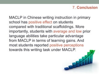 MACLP in Chinese writing instruction in primary
school has positive effect on students
compared with traditional scaffoldings. More
importantly, students with average and low prior
language abilities take particular advantage
from MACLP in terms of learning gains. And
most students reported positive perceptions
towards this writing task under MACLP.
7. Conclusion
 