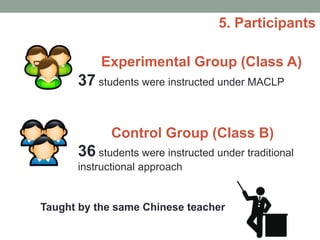 5. Participants
Experimental Group (Class A)
37 students were instructed under MACLP
36 students were instructed under traditional
instructional approach
Control Group (Class B)
Taught by the same Chinese teacher
 
