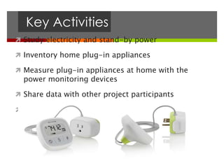  Study electricity and stand-by power
 Inventory home plug-in appliances
 Measure plug-in appliances at home with the
power monitoring devices
 Share data with other project participants
 Use data for ‘what if’ projections
Key Activities
 