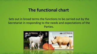 The functional chart
Sets out in broad terms the functions to be carried out by the
Secretariat in responding to the needs and expectations of the
Parties.
 