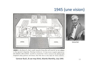 10
1945	(une	vision)	
ccc.
Vanevar	Bush,	As	we	may	think,	Atlan;c	Monthly,	July	1945		
 