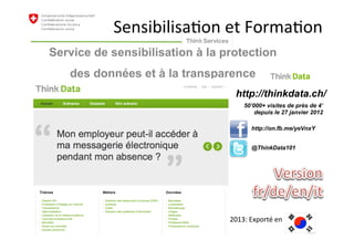 Service de sensibilisation à la protection
des données et à la transparence
http://on.fb.me/yeVnxY
@ThinkData101
http://thinkdata.ch/
50’000+ visites de près de 4’
depuis le 27 janvier 2012
Sensibilisa;on	et	Forma;on	
2013:	Exporté	en	
 