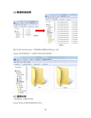 27
3.6 数据转换结果
建立空文件 data 和 project，复制转换后的数据文件到 data 文件
Project 文件夹仍然为空（主要用于保存分析后的结果）
3.7 案例分析
工程名称为：管理科学学报
Project 和 data 分别对应到相应的文件夹
转换前
转换后
 
