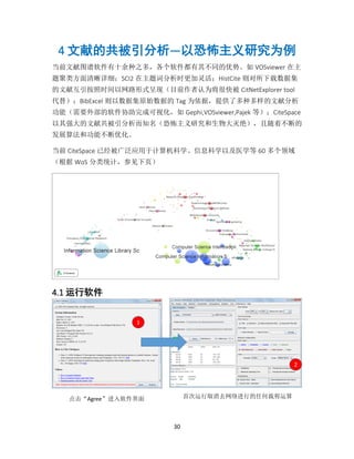 30
4 文献的共被引分析—以恐怖主义研究为例
当前文献图谱软件有十余种之多，各个软件都有其不同的优势。如 VOSviewer 在主
题聚类方面清晰详细；SCI2 在主题词分析时更加灵活；HistCite 则对所下载数据集
的文献互引按照时间以网路形式呈现（目前作者认为将很快被 CitNetExplorer tool
代替）；BibExcel 则以数据集原始数据的 Tag 为依据，提供了多种多样的文献分析
功能（需要外部的软件协助完成可视化，如 Gephi,VOSviewer,Pajek 等）；CiteSpace
以其强大的文献共被引分析而知名（恐怖主义研究和生物大灭绝），且随着不断的
发展算法和功能不断优化。
当前 CiteSpace 已经被广泛应用于计算机科学、信息科学以及医学等 60 多个领域
（根据 WoS 分类统计，参见下页）
4.1 运行软件
1
点击“Agree”进入软件界面
2
首次运行取消去网络进行的任何裁剪运算
 