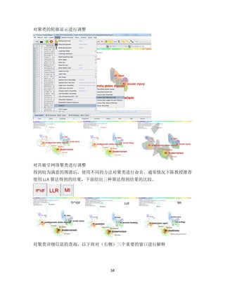 34
对聚类的轮廓显示进行调整
对共被引网络聚类进行调整
得到较为满意的图谱后，使用不同的方法对聚类进行命名。通常情况下陈教授推荐
使用 LLR 算法得到的结果，下面给出三种算法得到结果的比较。
对聚类详细信息的查询，以下将对（右侧）三个重要的窗口进行解释
TF*IDF LLR MI
 
