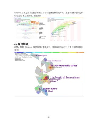 38
Timeline 呈现方式（共被引聚类仅仅可以选择两种呈现方式，主题词分析可以选择
Time zone 来呈现结果，如右图）
4.4 案例结果
注释：根据 CiteSpace 提供的例子数据绘制，数据再首次运行时自带（文献共被引
聚类）
 