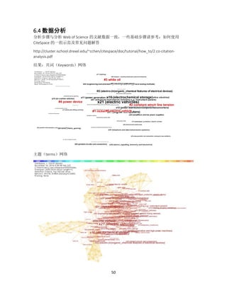 50
6.4 数据分析
分析步骤与分析 Web of Science 的文献数据一致，一些基础步骤请参考：如何使用
CiteSpace 的一组示范及常见问题解答
http://cluster.ischool.drexel.edu/~cchen/citespace/doc/tutorial/how_to/2.co-citation-
analysis.pdf
结果：共词（Keywords）网络
主题（terms）网络
 