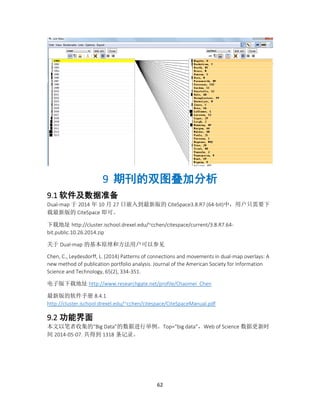 62
9 期刊的双图叠加分析
9.1 软件及数据准备
Dual-map 于 2014 年 10 月 27 日嵌入到最新版的 CiteSpace3.8.R7 (64-bit)中，用户只需要下
载最新版的 CiteSpace 即可。
下载地址 http://cluster.ischool.drexel.edu/~cchen/citespace/current/3.8.R7.64-
bit.public.10.26.2014.zip
关于 Dual-map 的基本原理和方法用户可以参见
Chen, C., Leydesdorff, L. (2014) Patterns of connections and movements in dual-map overlays: A
new method of publication portfolio analysis. Journal of the American Society for Information
Science and Technology, 65(2), 334-351.
电子版下载地址 http://www.researchgate.net/profile/Chaomei_Chen
最新版的软件手册 8.4.1
http://cluster.ischool.drexel.edu/~cchen/citespace/CiteSpaceManual.pdf
9.2 功能界面
本文以笔者收集的“Big Data”的数据进行举例。Top=“big data”，Web of Science 数据更新时
间 2014-05-07. 共得到 1318 条记录。
 
