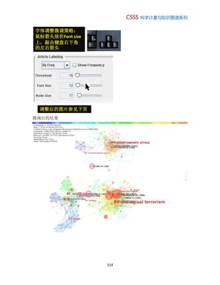CSSS 科学计量与知识图谱系列
114
微调后的结果
字体调整微调策略：
鼠标箭头放在Font size
上，敲击键盘右下角
的左右箭头
调整后的图片参见下页
 