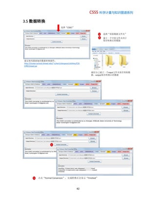 CSSS 科学计量与知识图谱系列
42
3.5 数据转换
选择“CSSCI”
选择“原始数据文件夹”1
2 建立一个空的文件夹用于
保存转换后的数据
最好自己建立一个input文件夹保存原始数
据，output保存转换后的数据
建议使用最新版的数据转换插件：
http://cluster.ischool.drexel.edu/~cchen/citespace/utilities/CSS
CIREC(new).jar
点击“Format Conversion”，完成转换后会显示“Finished”1
1
 