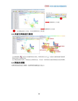 CSSS 科学计量与知识图谱系列
48
4.4 共被引网络进行聚类
4.4 网络的调整
对聚类的标签进行调整（按照聚类规模进行显示）
7
向右侧拖动放大工具条，并及时调整图形的二维位置7
调整图形上下位置
调整图形左右位置
点击聚类图标 此时节点的属性将发生变化，聚类结果后点击 （从施引文献的标题中提取聚
类命名术语）结果如右图。
为了增加结果的可读性，特别是显示重要的信息。可以进一步使用相关功能对图谱进行优化和调整。
 