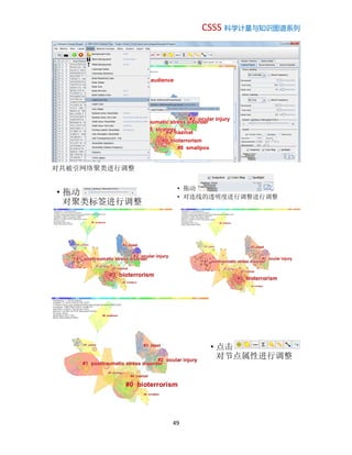 CSSS 科学计量与知识图谱系列
49
对共被引网络聚类进行调整
• 拖动
对聚类标签进行调整
• 拖动
• 对连线的透明度进行调整进行调整
• 点击
对节点属性进行调整
 
